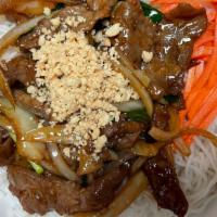 Marinated Beef Bun · Vermicelli rice noodle with salad mixture of lettuce, cucumber, bean sprout, pickled carrots...