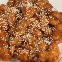 Sesame Chicken · Deep fried breaded chicken in sweet sauce topped with toasted sesame seeds.