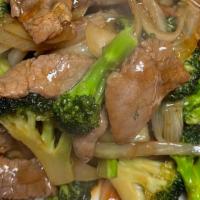 Beef Broccoli · Stir-fried beef with broccoli, carrots and white  onion.