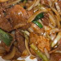 Mongolian Beef · Dried chili, green onion, and white onion.