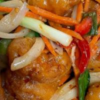 Fried Spicy Shrimp · Deep fried breaded shrimp with bell peppers, green and white  onions  and carrots with spicy...