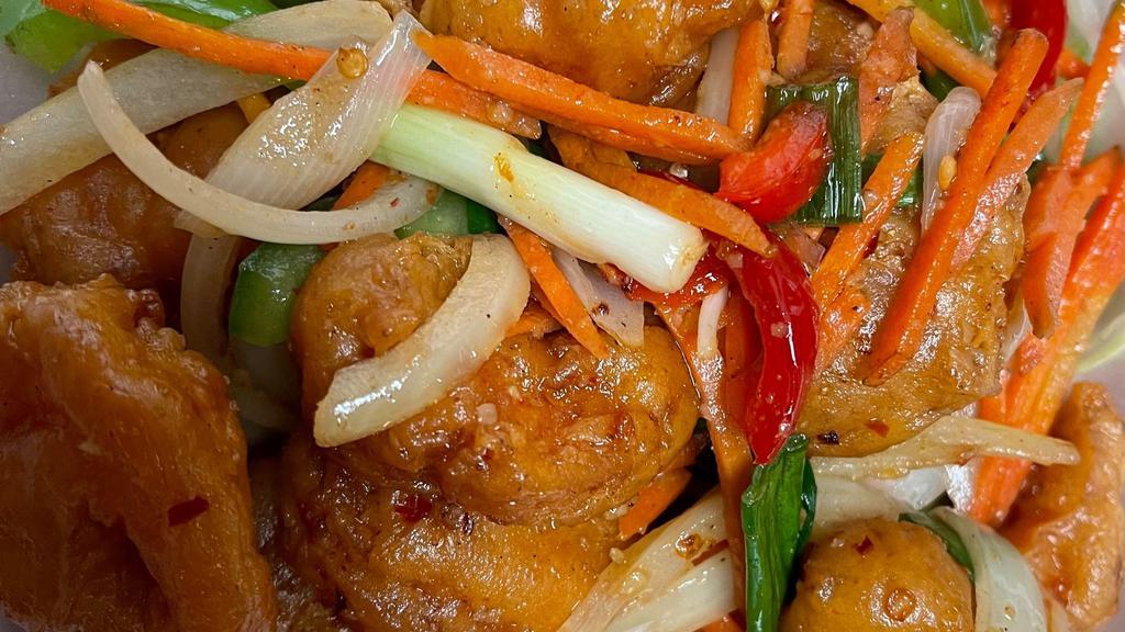 Fried Spicy Shrimp · Deep fried breaded shrimp with bell peppers, green and white  onions  and carrots with spicy sauce.