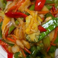 Mix Vegetable Vegetable · Stir fried with bamboo, bell peppers, white  onion, pea pod, carrot, water chestnut, napa, b...