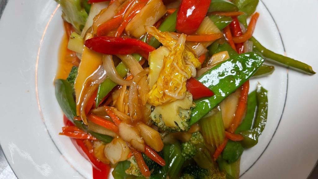 Mix Vegetable Vegetable · Stir fried with bamboo, bell peppers, white  onion, pea pod, carrot, water chestnut, napa, broccoli, and  celery.