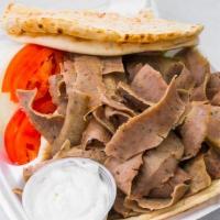 Gyro W/ Fries · Served on pita bread with gyro sauce, onions, and tomatoes.