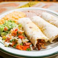 Burrito Dinner · 3 burritos served with guacamole, pico de gallo, rice, and beans.