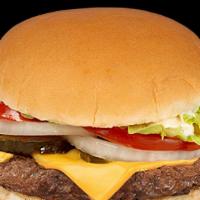 1/4 Lb Cheeseburger · One ¼ lb. 100% juicy black angus beef burger topped with melted cheese, pickles, thick-cut t...