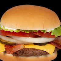1/4 Lb Bacon Cheeseburger · One ¼ lb. 100% juicy black angus beef burger topped with melted cheese, thick-cut smoked bac...