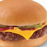 Regular Cheeseburger · One 6 to 1 - 100% juicy black angus beef burger topped with melted cheese, pickles, ketchup ...