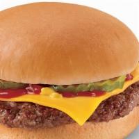 Cheeseburger Kid'S Meal · One 100% beef patty, topped with melted cheese, pickles, ketchup and mustard served on a war...