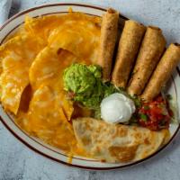Botana San Marcos · Four small flautas, cheese nachos, chicken quesadilla; served with pico de gallo, sour cream...
