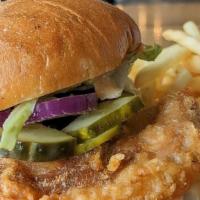 Double Fried Chicken Thigh · Double Fried Chicken Thigh served on a Brioche Bun with Iceberg Lettuce, House Pickles, Toma...