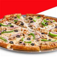Veggie (Large) · Classic tomato sauce, 100% real cheese, red onions, mushrooms, green peppers, and black oliv...