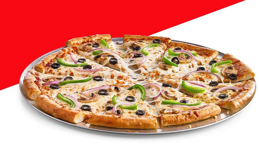 Veggie (Large) · Classic tomato sauce, 100% real cheese, red onions, mushrooms, green peppers, and black olives.