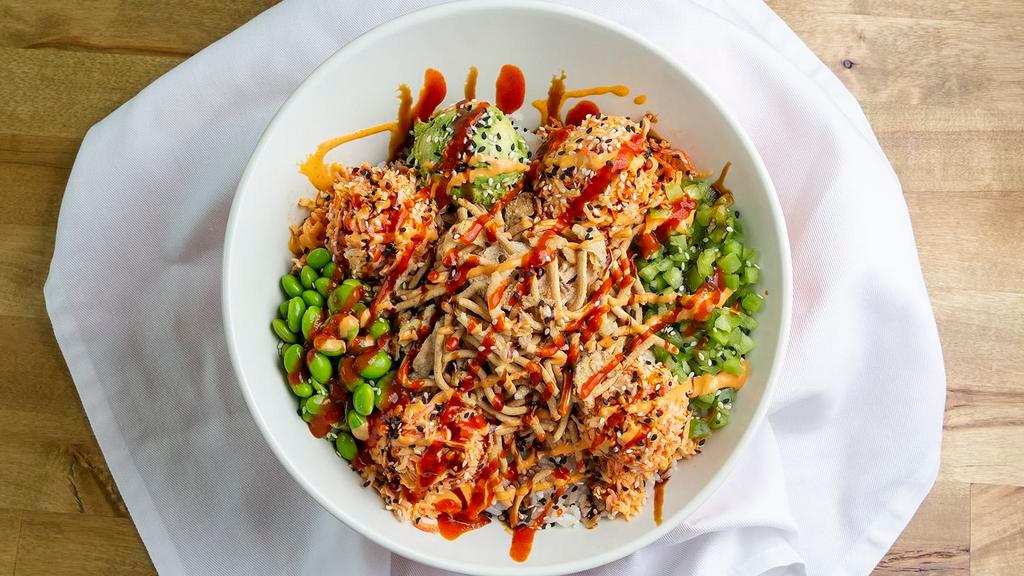 Spicy Crab Bowl · Spicy Crab topped with corn, cucumber, green onion, carrots, Main Street Sweet (sweet ginger honey sauce), a scoop of avocado, edamame, fried onions, spicy mayo, sweet eel sauce & sriracha
**THE BEST BOWL ON THE MENU**