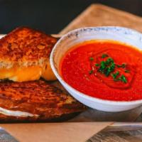 Grilled Cheese + Tomato Soup Gfo, V · tillamook cheddar, provolone, parmesan, sourdough.