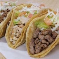 3 Taco Dinner W/ Rice & Beans · Choice of Ground Beef, Grilled Chicken, or Steak. Served on Corn Tortilla w/lettuce, tomato,...
