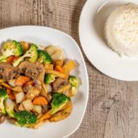 #11 Stir Fry Vegetables · Broccoli, Chinese broccoli, carrot, baby corn, onion, mushroom, and bamboo served with rice ...