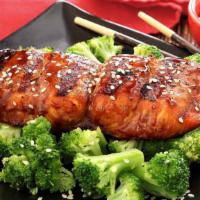 Salmon Teriyaki · Served with steamed carrot, peapod, broccoli, baby corn.