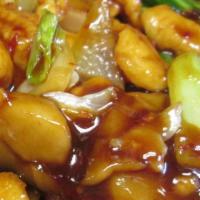 Szechuan Chicken · Spicy. Tender chicken with peapods mushrooms water chestnuts and baby corns in a spicy brown...