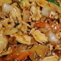 #18. Szechuan Chicken  · Tender chicken with peapods mushrooms water chestnuts and baby corns in a spicy brown sauce.