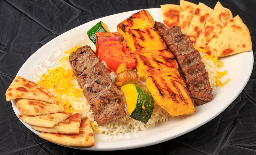 Combo Chicken Shish Kabob & Kubideh · Marinated chicken bread and ground beef kubideh kabob charbroiled and served over basmati rice with a skewer of grilled vegetable.