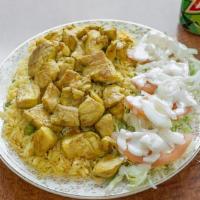 Chicken Over Rice · Comes with Salad, House Dressing & Pop.