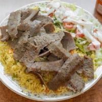 Gyro Over Rice · Comes with Salad, House Dressing & Pop.