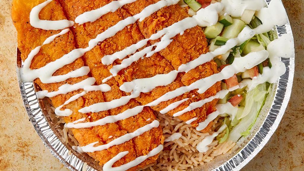 Fish Over Rice · Comes with Salad, House Dressing & Pop.