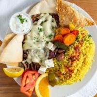 Gyros Platter · Fan Favorite. Grilled slices of gyros meat topped with swiss cheese. Served with tomatoes, o...