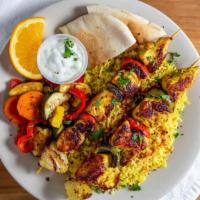 Chicken Kabob · Gluten Free. Skewered chicken marinated in olive oil, lemon and ginger then grilled to perfe...