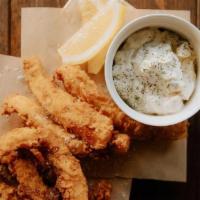 Walleye Fingers · Breaded strips of walleye. Served with lemon wedges and tartar sauce.