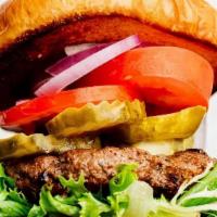 Kt Burger · Ground Prime Rib & chuck SMASH patty, lettuce, tomato, onions, pickle, served on a brioche b...