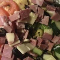 Antipasto Salad For Two · the italian salad topped with Capicola,mortadella,genoa Salami and provolone cheese
