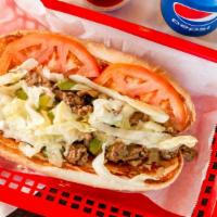 Steak Philly · Lettuce, tomatoes, grilled onions, green onions, green peppers, mushrooms, mayo and Swiss ch...