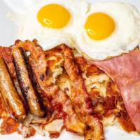 Combo Breakfast Special · Two large eggs, two slices of bacon, two sausage links, a slice of ham, and hash browns and ...