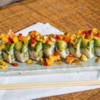 Yakitori Roll · Spicy. Spicy crab, tempura asparagus, & cream cheese, all topped with avocado, pineapple sal...