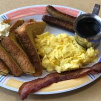 Super French Toast Combo · Two extra thick french toast served with two eggs, any style, and choice of bacon, sausage o...