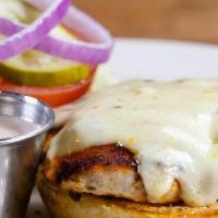 Cajun Chicken Sandwich · Wood fired, fresh, natural chicken breast with Cajun spices, pepper Jack cheese, lettuce, to...