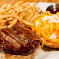 Bbq Bacon Burger · Smoked bacon, BBQ sauce, shredded cheddar, and diced onion.