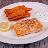 Perfectly Grilled Atlantic Salmon · Responsibly sourced, filleted, seasoned, and grilled.