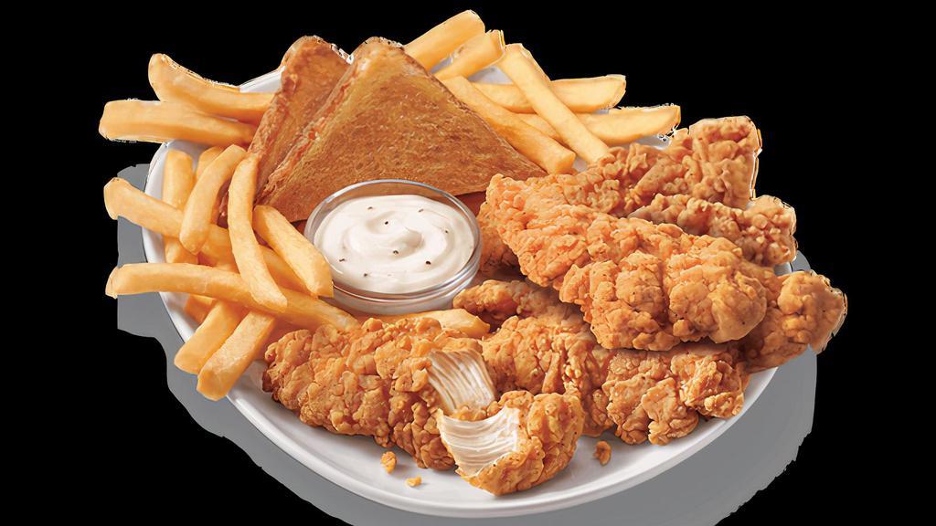 Chicken Strip Basket- 6Pc · A DQ signature, 100% all-tenderloin white meat chicken strips are served with crispy fries, Texas toast, and your choice of dipping sauce