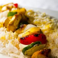 Chicken Kabob Entree · Char-grilled, marinated chicken breast with flame broiled vegetables. All entrees are served...