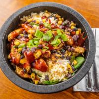 Southwest Bbq Chicken Salad · Fresh mixed greens, black bean and corn salad, muenster and cheddar cheeses, scallions and t...