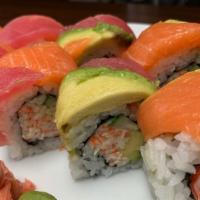 Rainbow Roll · inside: crab stick, avocado, cucumber mayo
outside: tuna, salmon, avocado, wasabi, ginger, s...