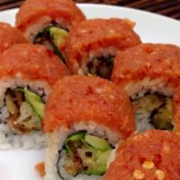 Crazy Ken Roll · inside:soft shell crab tempura, avocado, cilantro, spicy mayo
outside:spicy tuna, s&s sauce,...