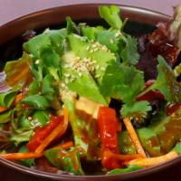 Spicy Veggie Sushi Bowl · Spring mix, avocado, cilantro, pickled carrot, cucumber, jalapeño, spicy mayo, s&ssauce, ses...
