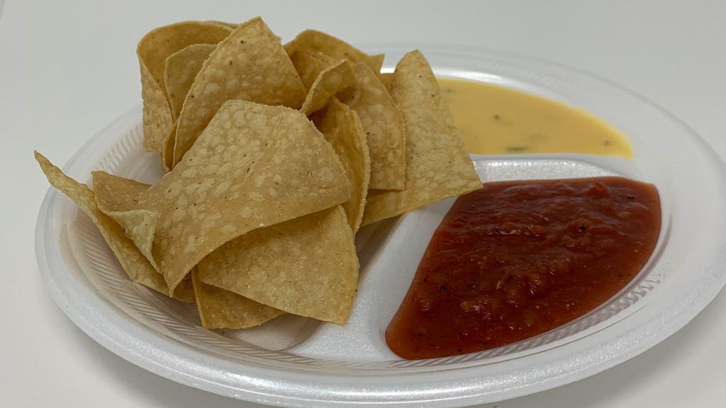 Chips/  Salsa/ Queso · Corn tortilla chips with salsa 6oz and nacho cheese 6oz.