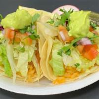 Veggie Tacos · Rice, beans, lettuce , tomato, onions, cilantro and Guacamole on top.
