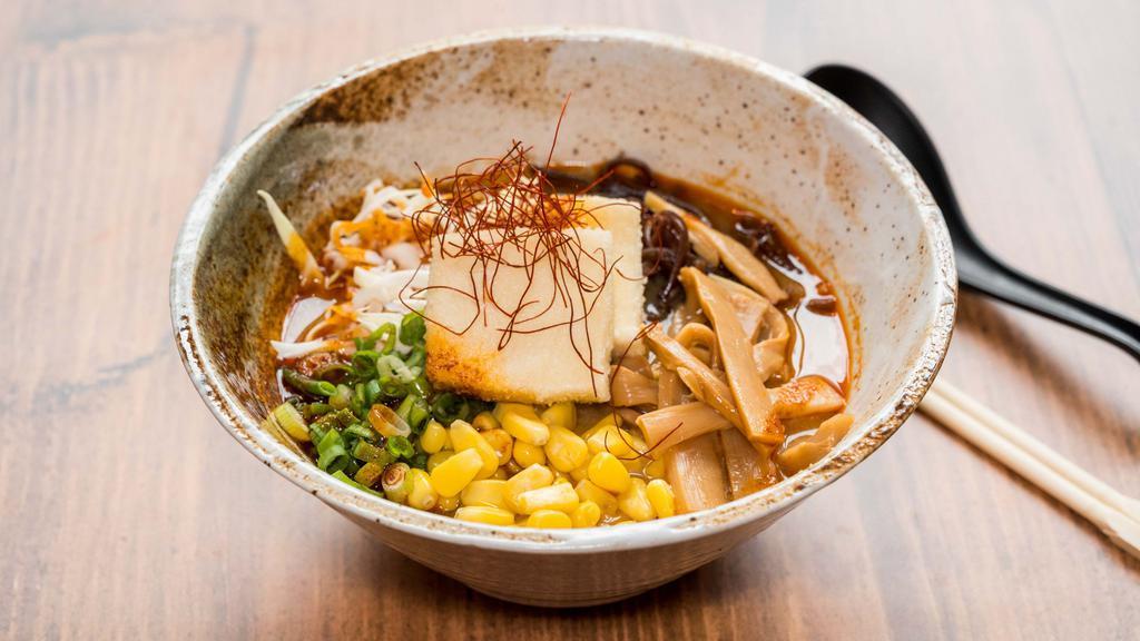#6. Vegetarian Ramen · Tenka Ramen favorite: Miso broth, 2 pieces fried tofu soybean paste corn, cabbage bamboo shoots wood ear mushroom scallions, chili oil.